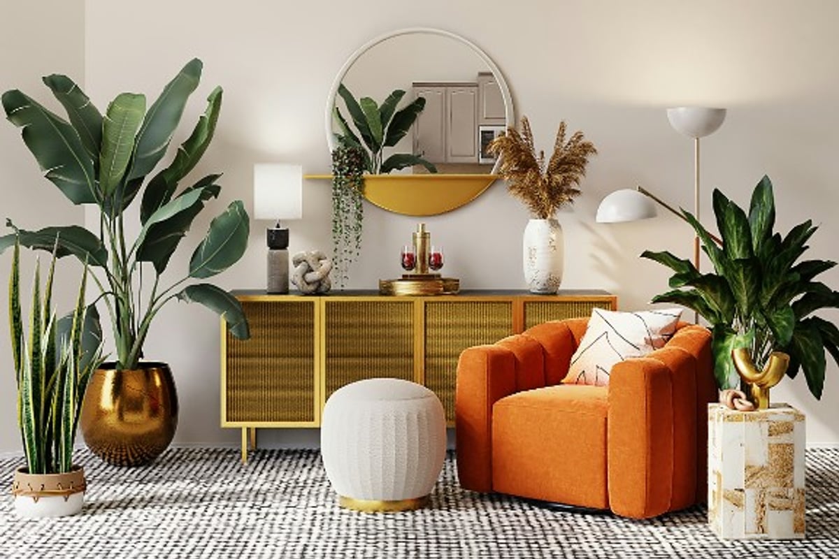 Living acogedor y ordenado con sillón, plantas y luz cálida